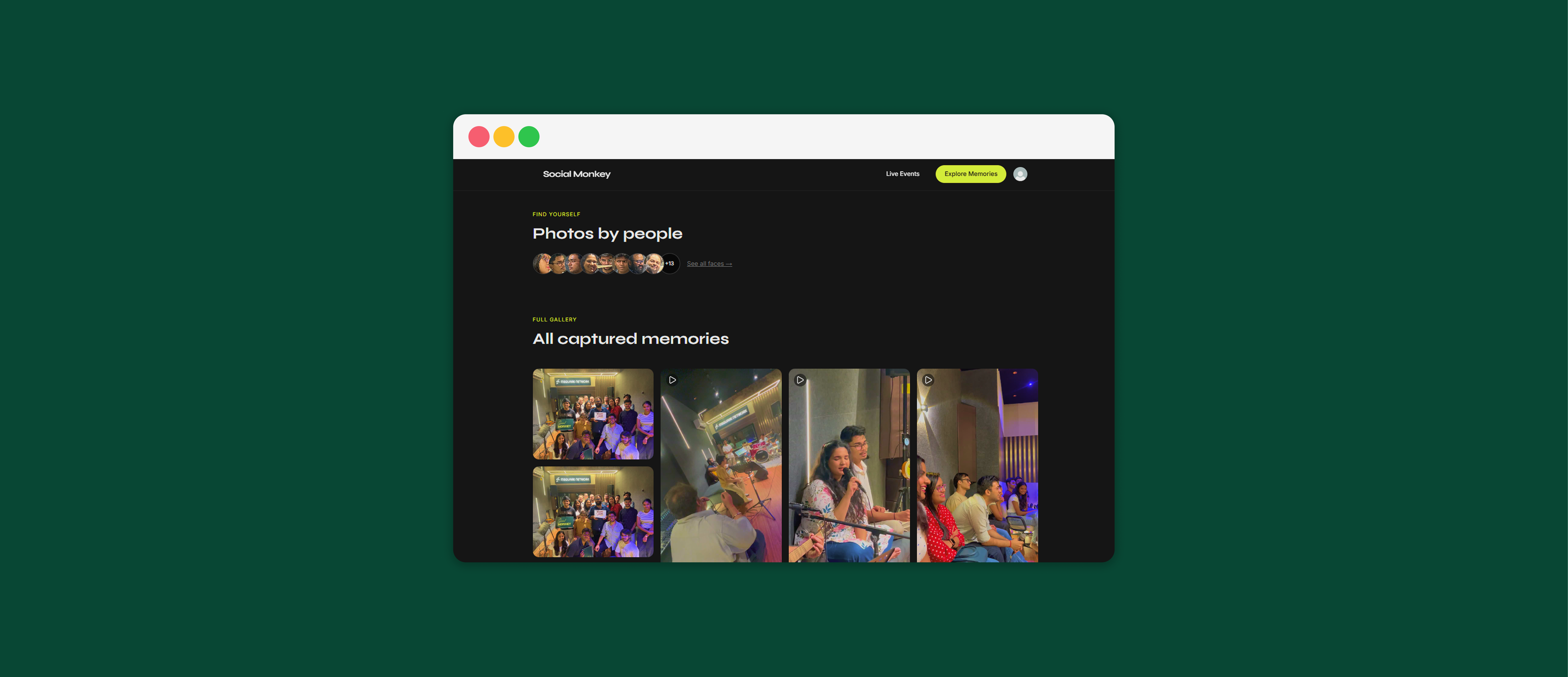 A centralized media timeline where attendees upload photos and videos after an event